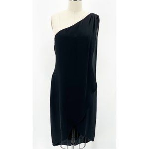 HALSTON HERITAGE Black Silk Grecian Midi One Shoulder Cocktail Dress~S